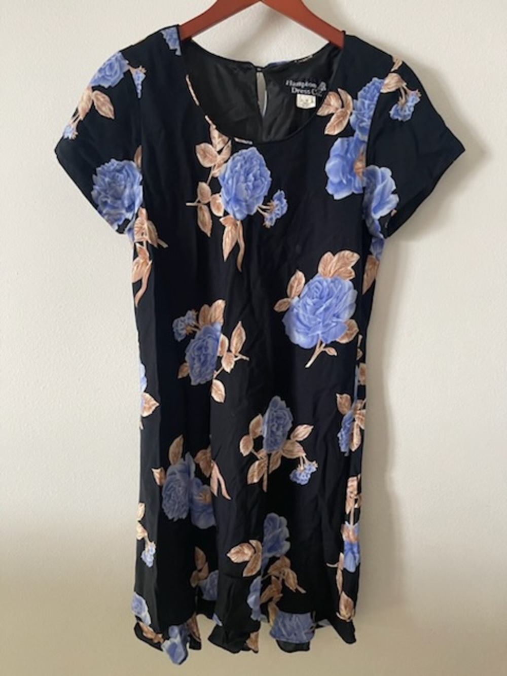 VTG Women's Black Floral A-Line Dress with Blue Roses